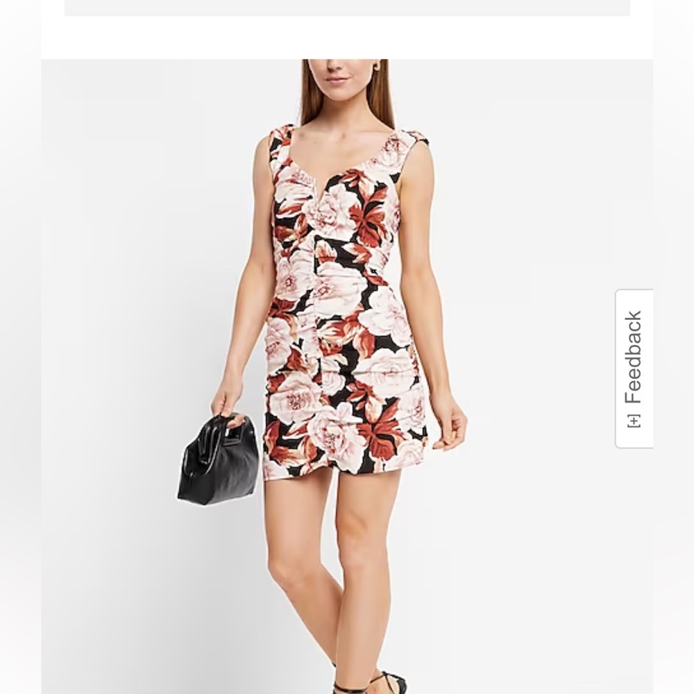 XL Express Floral Print Linen-Blend V-Bar Ruched Mini Dress